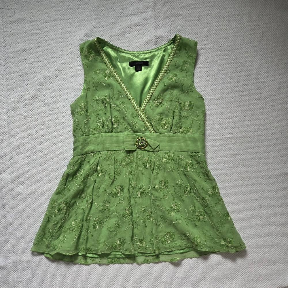 Express Lime Green Embroidered Sleeveless Tunic with Decorative Belt